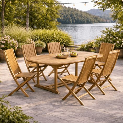 Conjunto de mesa de jardín ovalada de teca Nina 160/210 y 6 sillas Helza