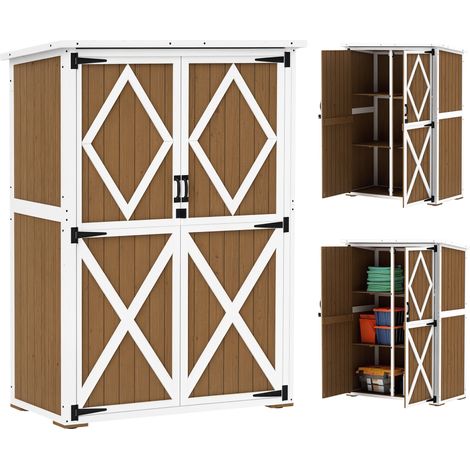 Capanno da Giardino in Legno di Abete con 2 Ripiani e 2 Porte, 116.5x57x159/167 cm, Marrone e Bianco
