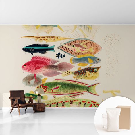 Papier peint intissé mural avec imprimé motifs décoratifs - style contemporain - Colle incluse gratuite Poissons colorés 416x254 cm (1/5)