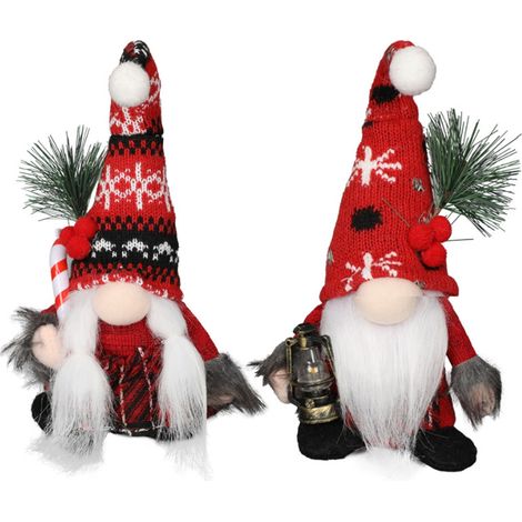 Weihnachtsdekoration: Gesichtsloser Strickwichtel mit roter Mütze und Schneeflockenmütze, Tischfiguren mit Laterne und Zuckerstange, Kaminschmuck, 2er-Set (1/5)