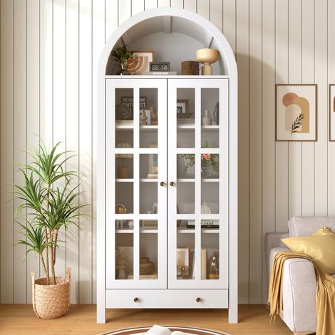 Vitrine haute cintrée moderne, armoire multifonctionnelle avec étagères réglables et tiroir, pour salon bureau salle à manger 75×35×170,5 cm, blanc (1/5)