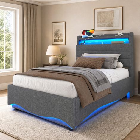 Letto contenitore 90 x 200 cm con LED, porte USB e Type-C, grigio DESVIAE (1/5)