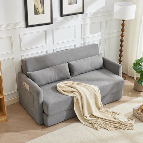 Divano letto 2 posti pieghevole in tessuto cord, 2 cuscini lombari, grigio, 165 x 92 x 82 cm, OKWISH (1/5)