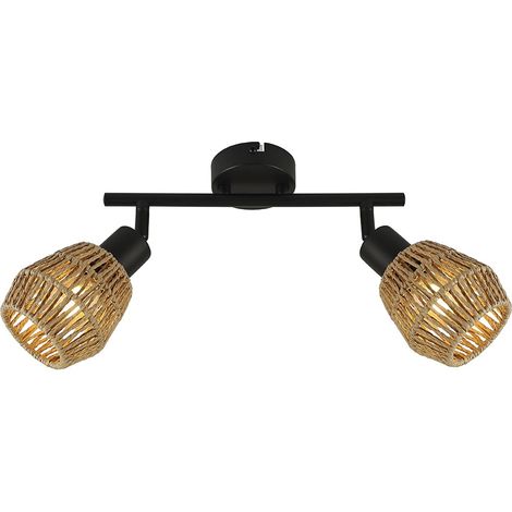 Regleta de techo "Krabi" de dos luces (2xE14) 220/240V IP20 17,5x50x9,5cm fabricada en metal y ratán color negro y beige (1/3)