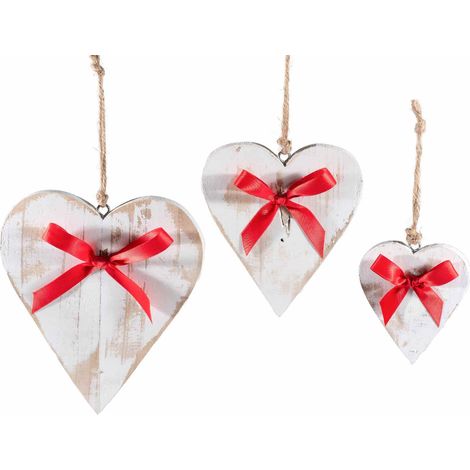 Cuori per San Valentino in legno anticato / shabby con fiocco rosso di stoffa da appendere, set da 4 pezzi, Grande: cm 17 x 20 H
