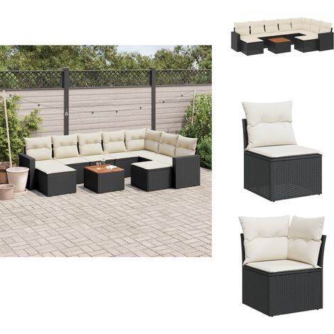 Salon de jardin 10 pcs avec coussins noir résine tressée - Ensemble Salon De Jardin - Mobilier Extérieur - Jardin Design - Chaise Lounge - Pouf Pliable (1/5)