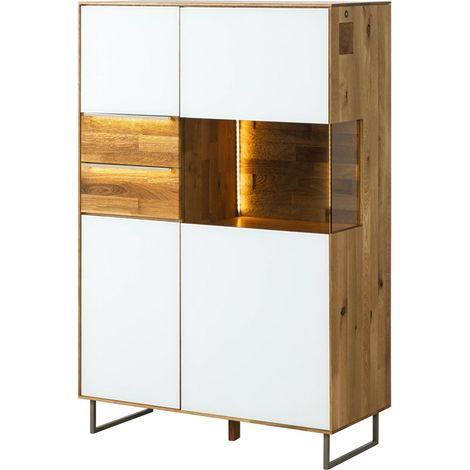 Highboard Wildeiche 94x43x144 natur geölt / Glas weiß WIEN 125