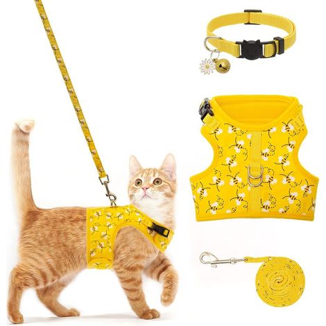Harnais pour chat avec laisse et collier pour la marche – Anti-fuite – Harnais souple réglable pour chats de taille moyenne et grande-jaune-M (1/5)