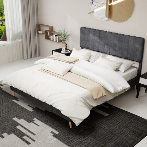 Lit capitonné moderne 160x200 cm gris tête molletonnée structure basse sans rangement sans matelas (1/5)