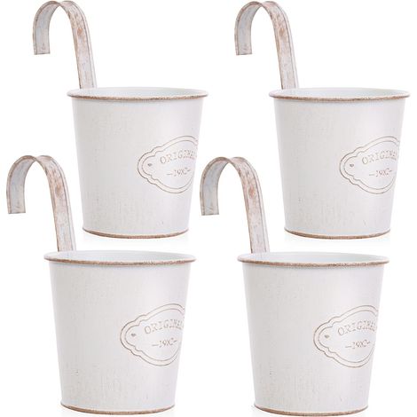 4 macetas colgantes de metal con orificio de drenaje, pequeñas macetas blancas con gancho desmontable, estilo vintage para balcón, jardín, exterior e interior (1/5)