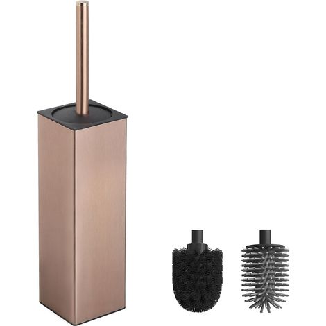 Brosse WC Dorée Rose - 1 Ensemble avec 2 Têtes - Métal Aluminium - Support Autoportant Carré - Salle de Bain Moderne - Design Élégant (1/5)