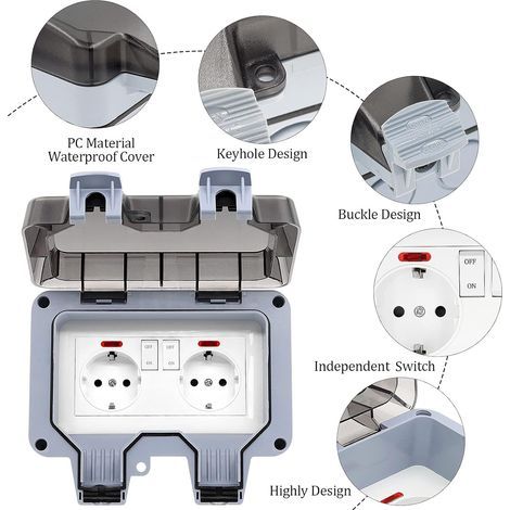 GENERIC-Prise extérieure étanche IP66 double prise de courant – Couvercle verrouillable – Interrupteurs indépendants – Voyant lumineux – Pour chantiers humides (1/5)