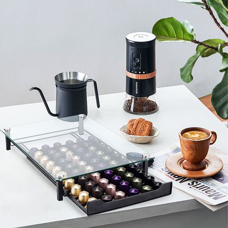 Porte-capsules de café, tiroir de rangement pour 60 capsules, boîte de rangement pour capsules en verre trempé, le distributeur de capsules pour machine à café, tiroir à capsules (1/5)