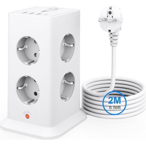 Multiprise Tour Blanche 8 Prises + 4 USB, câble 2m, 16A 3680W, sécurité Design gain de place, interrupteur unique, protection surtension, idéal pour bureau maison chambre (1/5)