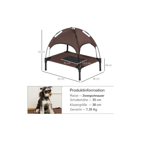 Lit pour chien marron café en taffetas respirant avec baldaquin et pieds surélevés 61x46x62 cm pour jardin terrasse et plein air (1/5)