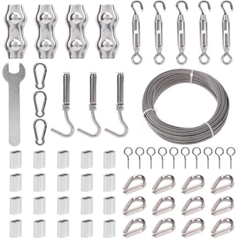 Drahtseil-Montageset mit Spannvorrichtung – 30 m (100 Fuß) Edelstahlseil 304 – 2 mm Durchmesser – 8 Haken und 20 Aluminium-Kabelbinder für Pflanzen, Pergolen und Wäscheleinen (1/5)