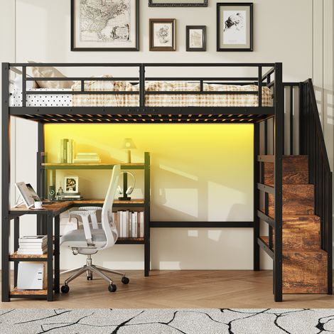 Lit mezzanine métallique 140 x 200 avec escalier, bureau intégré, compartiments de rangement, borne USB et lumière LED, noire transparent