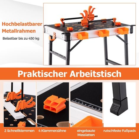 Arbeitstisch klappbar werkbank mit 2 schnellklemmen 3 werkzeugkasten metallrahmen