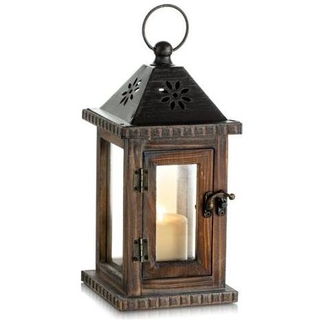AGE Lanterne bougie en bois vintage 28cm –Décoration intérieure et extérieure –Compatible bougies piliers 6x10cm –Design rustique marron (1/5)