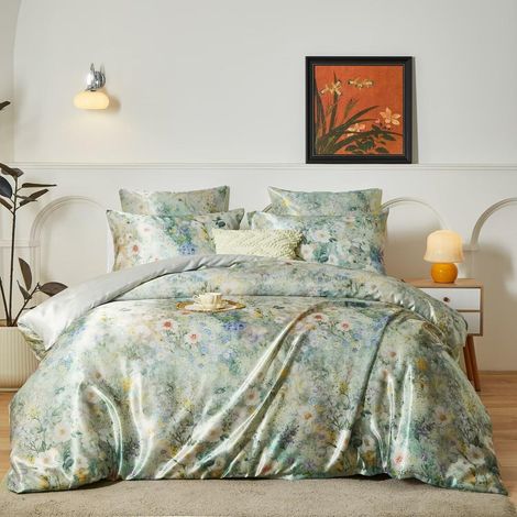 Satin Bettwäsche Set 135x200 cm mit Blumenmuster, 2-teilig, mit Reißverschluss