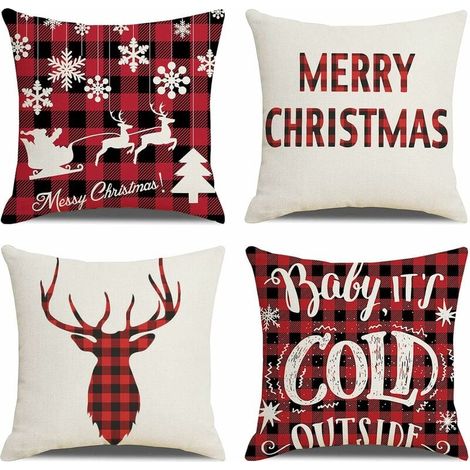 Housse De Coussin De Noël - Lot De 4 - Motifs Festifs Classiques - Pour Canapé Intérieur - Sans Rembourrage (1/5)