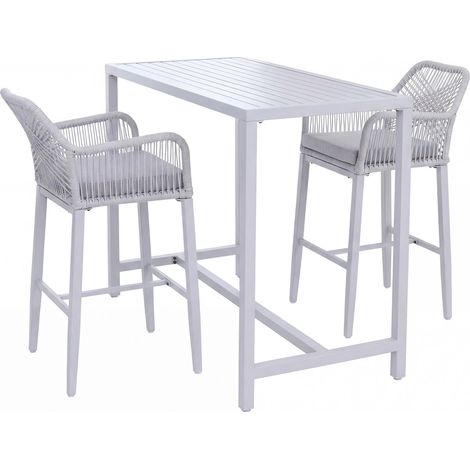 Set Bartisch + 2x Barhocker HHG-294, Barstuhl Stehtisch, Outdoor Sitzpolster Seilgeflecht Metall hellgrau