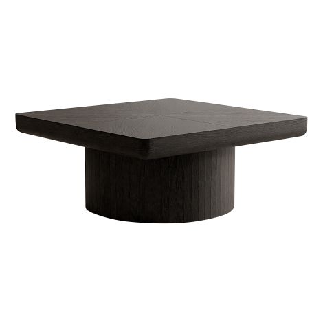 Table basse carrée noire à dessus arrondi, pied central cylindre en bois, dimensions 78×78×38cm, table basse minimaliste pour salon moderne (1/5)