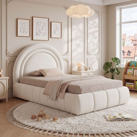 Lit coffre 90x200 cm avec tête de lit rembourrée, lit enfant avec coins arrondis et sommier à lattes, en tissu velours beige (1/5)