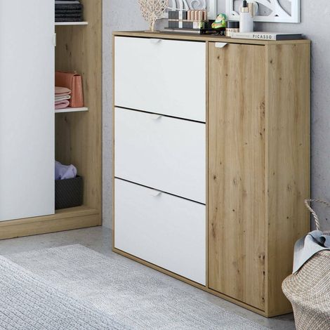 Dmora - Zapatero Tok, Zapatero de entrada con 4 puertas, Zapatero ahorra espacio, 105x24h112 cm, Blanco y Roble (1/5)