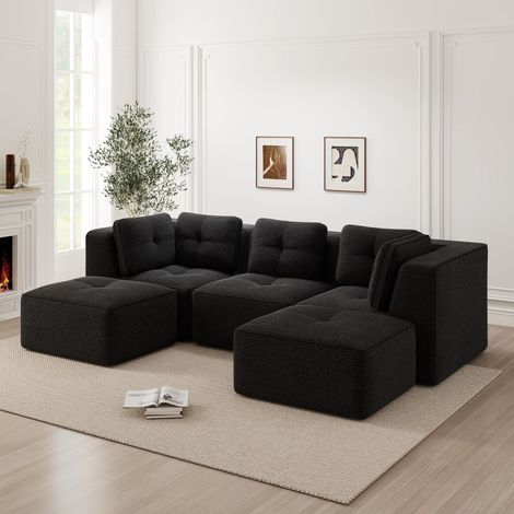 Canapé modulable 3 places en velours côtelé noir, assise profonde, sans montage (1/5)