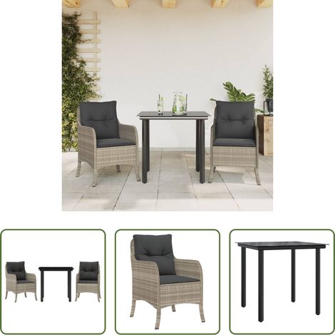 vidaXL Gartenstuhl - 3-tlg. Garten-Essgruppe mit Kissen Hellgrau Poly Rattan (1/5)