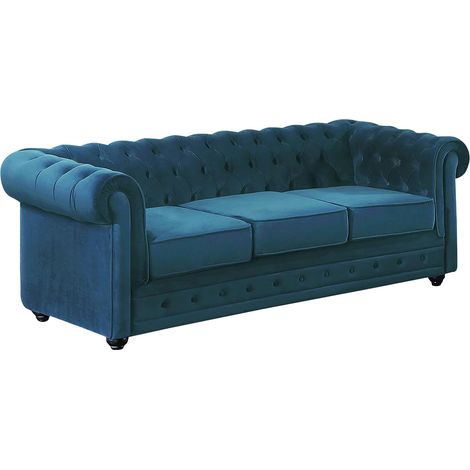 Vente-Unique – Canapé 3 places convertible chesterfield – Velours bleu canard – Assise déhoussable – Confort équilibré – Dimensions 205x88x72 cm (1/3)