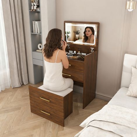 Table de beauté 3 en 1 avec miroir ouvert, petit ensemble de table de beauté avec plaque en verre clair, table de beauté compacte avec 3 tiroirs, table de beauté dans la chambre, Dimensions:B60/H118/T