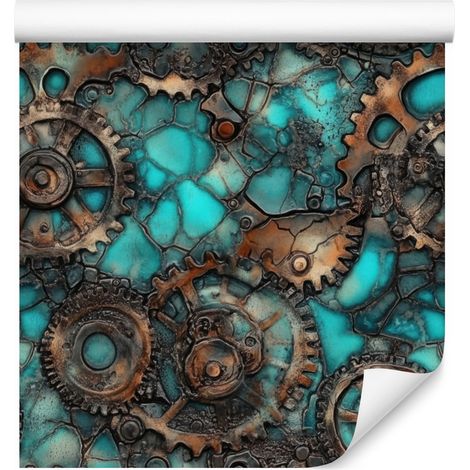 Papier peint à motifs d'encre marron, turquoise et vert d'eau pour salon et chambre 50x1000 cm (1/5)