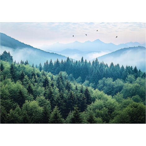 Papier peint mural 3D montagnes forêt brume nature intissé grand format design intérieur salon chambre pas cher 150x105 cm (1/5)