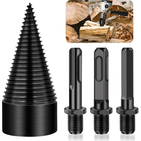 Broca para partir madera, cono de tornillo para partir madera, cono para partir madera, varilla cónica para partir madera, broca multifuncional para partir troncos, con 3 mangos: cuadrado, redondo y h (1/5)