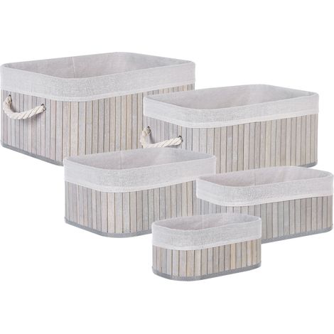 Conjunto de 5 cestas de madera de bambú gris blanco asas varios tamaños Talpe