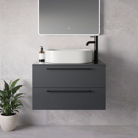 Napoli 460 Gloss Grey 800mm Wall Mounted 2 Drawer Vanity Unit for Countertop Basins - 800mm - Matt Black 480mm Handle