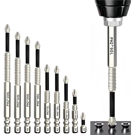 Jeu d'embouts antidérapants K5 9 pièces - Jeu de forets tournevis hautement magnétiques - Embouts à vis magnétiques PH2 - Acier inoxydable - 25 à 150 mm - Durable, ergonomique et antidérapant (1/5)