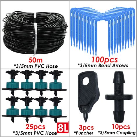(KSL01-KIT312-50M) Kit de système d'irrigation goutte à goutte pour serre avec tuyau PVC 8H et perforateur pour tuyau de jardin 1/8'' et goutteur en forme de flèche (1/5)