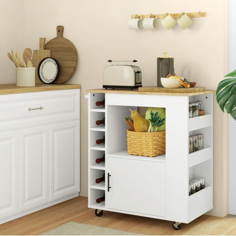 Chariot de cuisine 83x40x83 cm chêne avec plan de travail, rangements et porte-bouteilles (1/5)