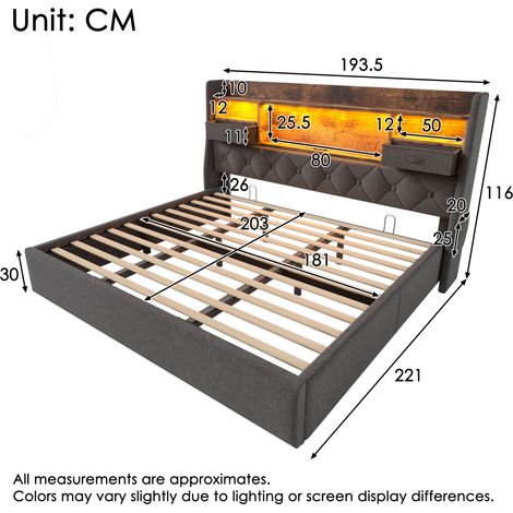 Lit double 180x200 cm, sommier à lattes inclus, tête de lit lumineuse LED, 4 ports USB/Type-C de recharge, coffre de rangement hydraulique, gris lin (sans matelas) (1/4)