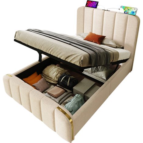 Lit rembourré simple, tête de lit rembourrée avec bandes décoratives dorées et fonction de charge USB Type C, 90200 cm, matériau en lin beige, lit de rangement hydraulique (avec matelas) (1/5)