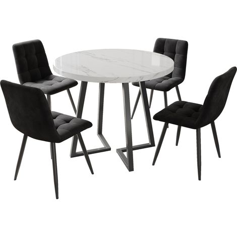 Ensemble table à manger 5 pièces, ensemble moderne avec 4 chaises, ensemble table et chaises de cuisine, table ronde de cuisine de 80 cm de diamètre avec pieds en métal noir, plateau MDF blanc, chaise