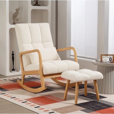 Sillón mecedora con reposapiés 64,5x82x99 cm blanco respaldo alto madera MEUBLIV (1/5)