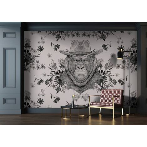 Papier peint panoramique floral avec tête de gorille | Tapisserie panoramique moderne pour salon | Papier peint panoramique animaux gris & noir - 270 x 500 cm (5 pièces) (1/5)