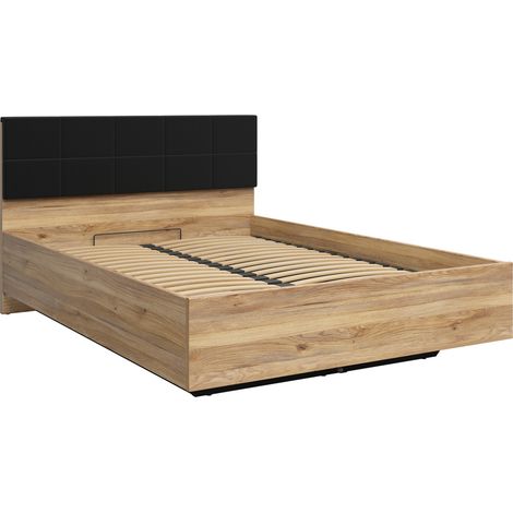 Lit coffre 140x200 avec sommier et tête de lit rembourée coloris Chêne mauvella / chêne Tegola - Longueur 206 x Profondeur 145 x Hauteur 98,5 cm (1/3)