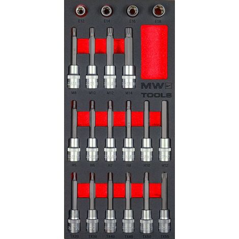 Jeu de douilles à embouts 1/2 5-16 mm TORX-HEX-SPLINE 20 pièces module en mousse pour servante d'atelier MW Tools MWDBI1220