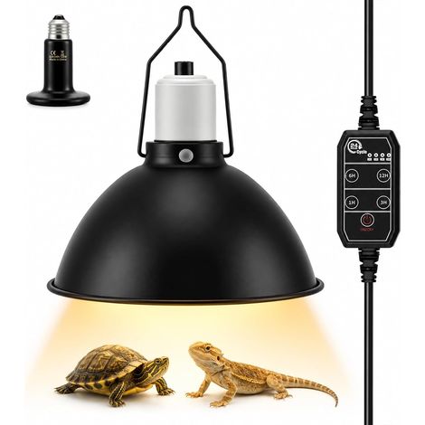 Lampe Chauffante Terrarium Dome avec 100W E27 Ampoule 21cm, 4 Minuteries 21cm Support de lampe Chauffante, Portable Chauffe-tortue Réservoir de reptiles pour Tortue Serpent Lézard Cacatoès (1/5)