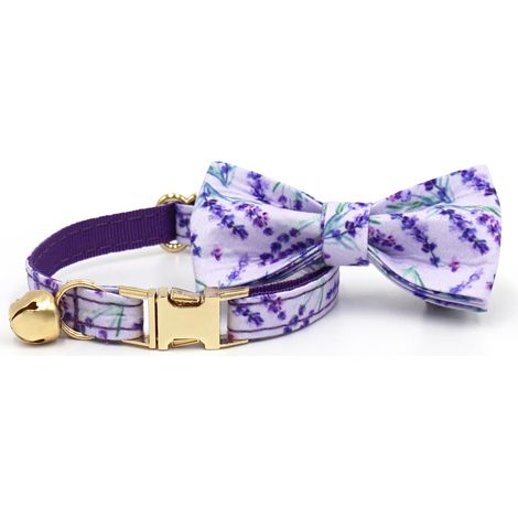 Collier chat motif floral et fruits / S / Boucle dorée / Lavande avec nœud papillon (1/2)